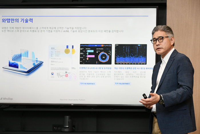 이동인 와탭랩스 대표가 13일 서울 강남 사무실에서 간담회를 열고 회사 목표를 발표하고 있다. 와탭랩스 제공