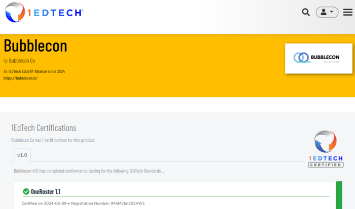 1EDTECH 홈페이지에 올라온 버블콘의 OneRoster SIS 표준글로벌 인증 내역.