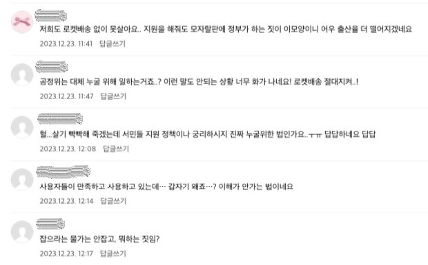 한 맘까페 회원들이 지난해 말 공정위의 플랫폼법 추진에 따른 로켓배송 차질 우려에 대한 부정적인 의견을 제시한 사례. [자료:온라인 커뮤니티 캡처]