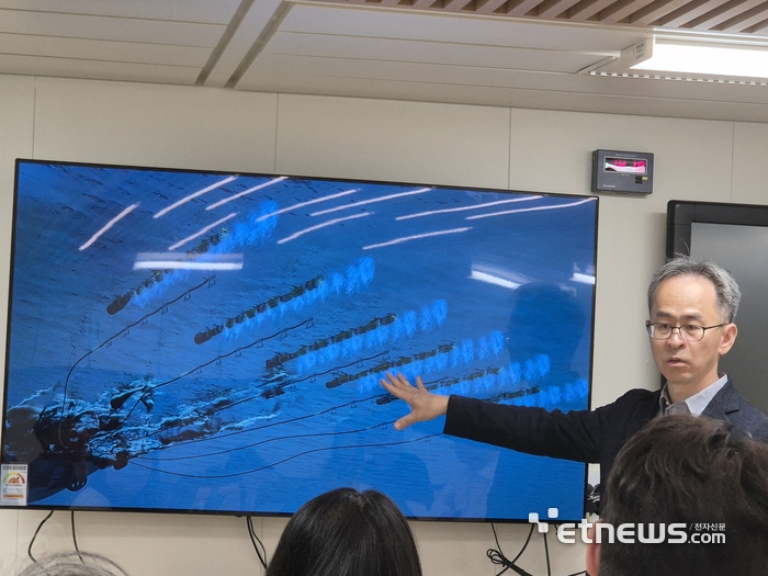 최윤석 해저지질탐사연구센터장이 탄성파 탐사에 대해 설명하고 있다.