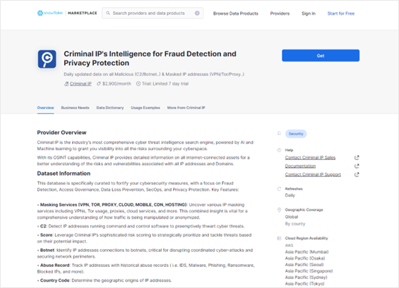 스노우플레이크 마켓플레이스에 판매 등록된 '크리미널 IP' CTI 데이터.(에이아이스페라 제공)