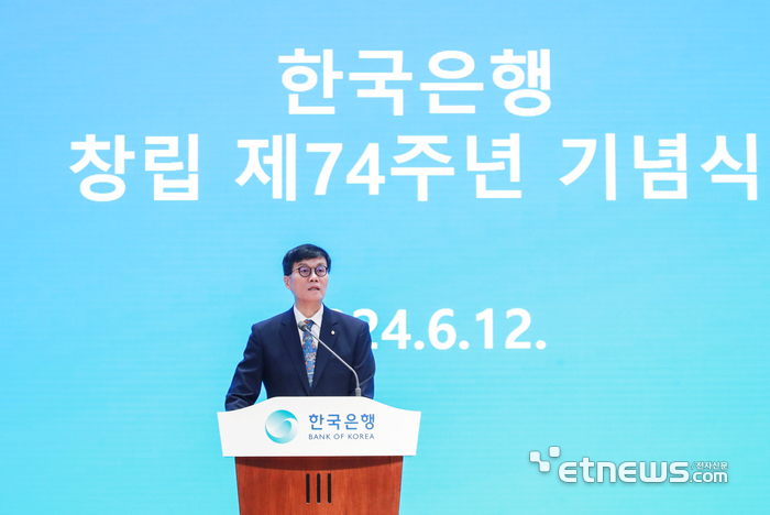 한국은행 총재가 12일 오전 서울 중구 한국은행에서 한국은행 창립 제74주년 기념사를 낭독하고 있다