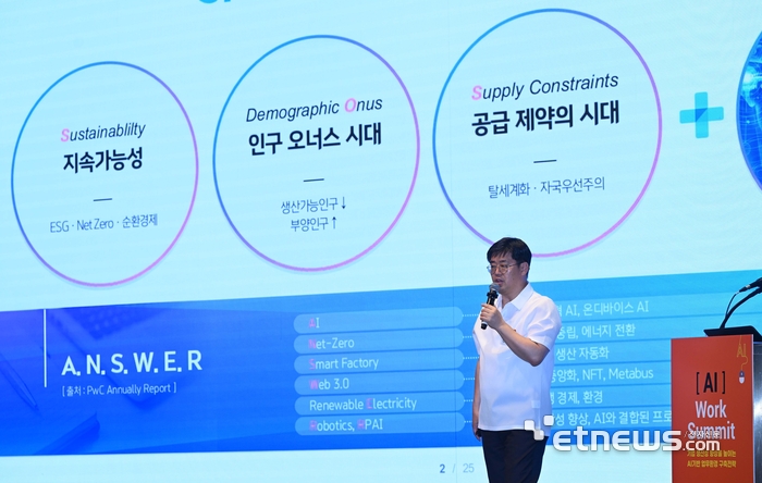 전자신문이 주최한 'AI Work Summit'이 '기업 생산성 향상을 높이는 AI기반 업무환경 구축전략'을 주제로 13일 서울 서초구 엘타워에서 열렸다. 전충재 더존비즈온 본부장이 'AI 기반 업무 혁신을 위한 ERP 적용사례'를 주제로 기조강연을 하고 있다. 김민수기자 mskim@etnews.com