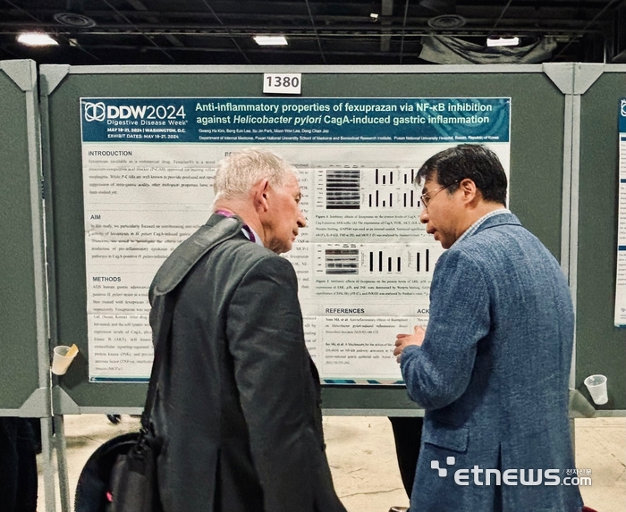 김광하 부산대학교병원 소화기내과 교수(오른쪽)가 헬리코박터균 감염에 대한 항염 효과 기초연구 결과를 해외의료진에 소개하고 있다.