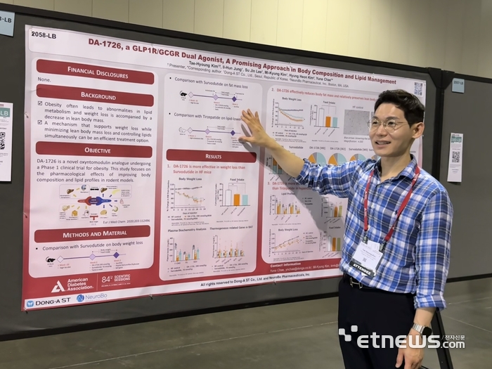 김태형 동아에스티 연구본부 수석이 현지 시각 22일 미국 올랜도 컨벤션센터에서 개최된 제84회 미국 당뇨병학회(ADA)에서 DA-1726의 전임상 연구 결과를 포스터 발표하고 있다.
