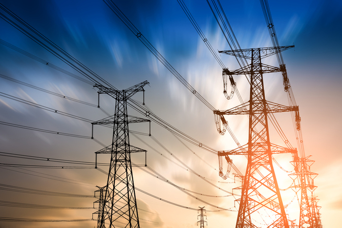 high voltage post.High-voltage tower sky background.