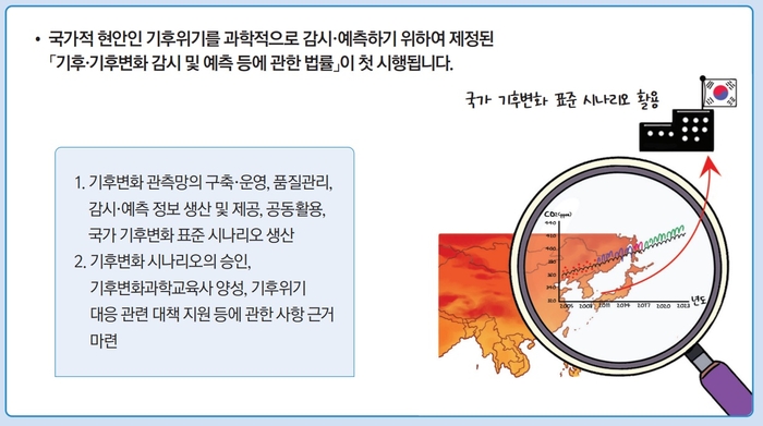 기상청이 '기후·기후변화 감시 및 예측 등에 관한 법률'을 10월 25일 첫 시행한다.