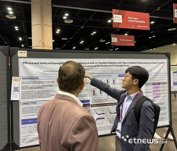 류영상 조선대학교병원 교수(오른쪽)가 미국 당뇨병 학회에서 대웅제약 엔블로의 다파글리플로진 대비 경증 신장애 동반 당뇨병 환자 대상 우수한 혈당 강하 효과에 대한 연구 결과 포스터를 해외 의료진에게 소개하고 있다.