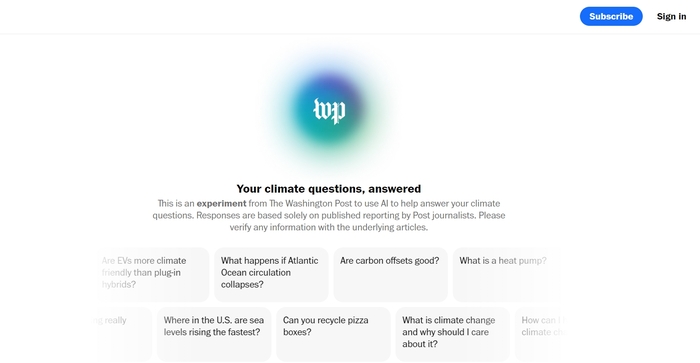 워싱턴포스트의 '클라이미트 앤서(Climate Answers)' 메인 화면. 기후변화 관련 다양한 질문이 제시되고 있고, 사용자가 궁금해하는 내용을 직접 입력할 수도 있다.