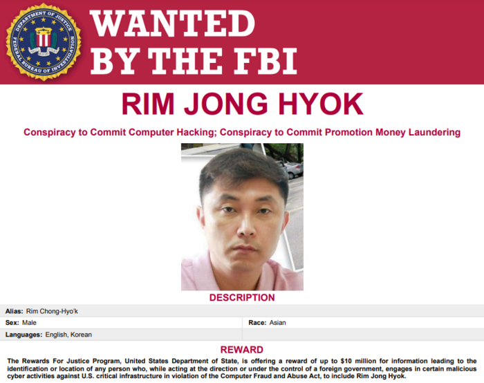 북한 해커 림종혁 현상수배지. 사진=미 연방수사국(FBI)