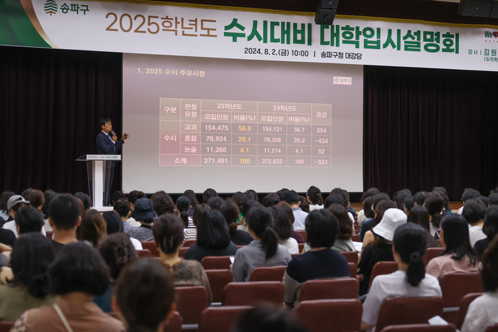 8월 2일 서울 송파구청 대강당에서 열린 2025학년도 수시대비 대학입시설명회에서 참석한 학부모들이 강연을 듣고 있다. 연합뉴스