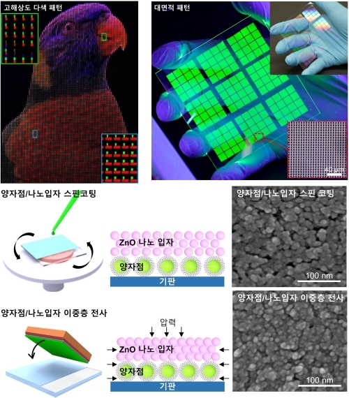 이중층 건식전사 공정을 통해 얻은 양자점 패턴 사진. 고해상도 다색 패턴 사진(왼쪽)과 각 위치에 해당하는 내부 적·녹·청 픽셀의 이미지가 삽입되어 있고 대면적 계층 패턴(오른쪽)과 내부 픽셀의 이미지가 삽입되어 있다.