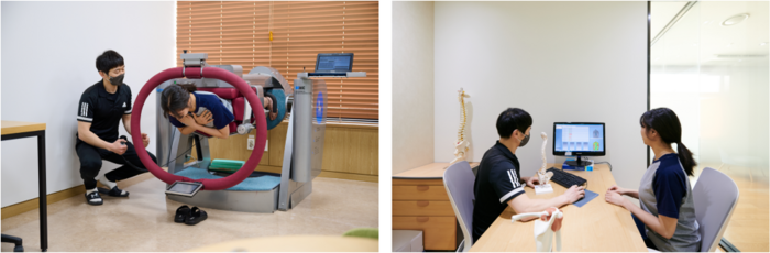 삼성전자 근골격계 예방운동센터에서 직원이 일대일 맞춤 프로그램을 제공받고 있다.