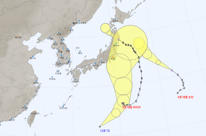 5호 태풍 '마리아'와 6호 태풍 '손띤' 경로. 사진=기상청 캡처
