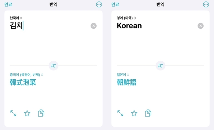 애플 아이폰에 내장된 번역 애플리케이션에서 '김치'와 '한국어'(Korean)가 오역되고 있다. 사진=아이폰 번역앱 캡처