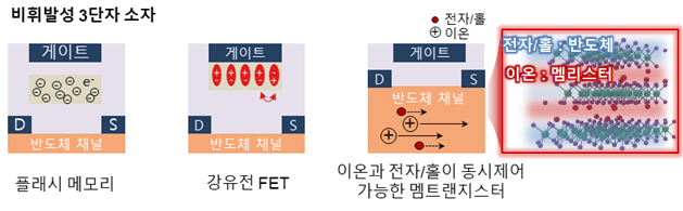 비휘발성 3단자 소자 및 반도체 채널에서 이온과 전자/홀 동시제어가 가능한 소재개발 구조 개념도. 심우영 교수 제공