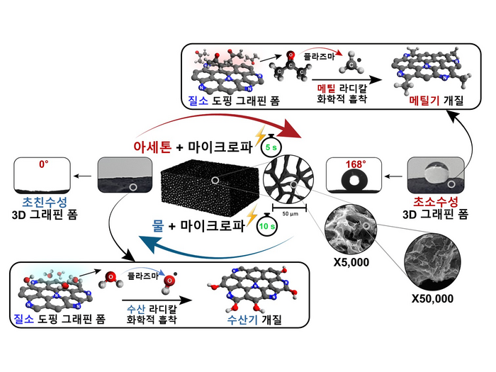 질소 도핑이 된 3D 그래핀 폼에 대한 용매 기체 환경 조성 및 마이크로파 기반 플라즈마 처리를 통한 가역적이고 빠른 젖음성 전환 이미지