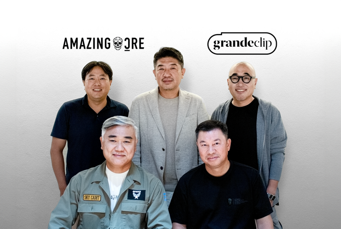 그란데클립과 어메이징크리 주요 임원진. (윗줄 왼쪽부터) 오문석 알토스벤처스 상무, 인기완 그란데클립코리아 대표, 김봉진 그란데클립 의장, 유용문·배슬기 어메이징크리 대표(사진=그란데클립)