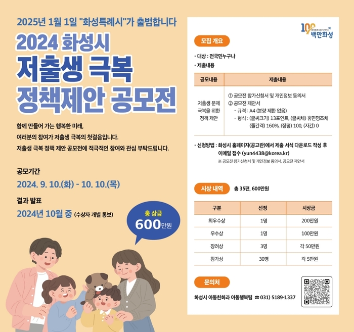 '2024년 화성시 저출생 극복 정책 제안 공모전 포스터.