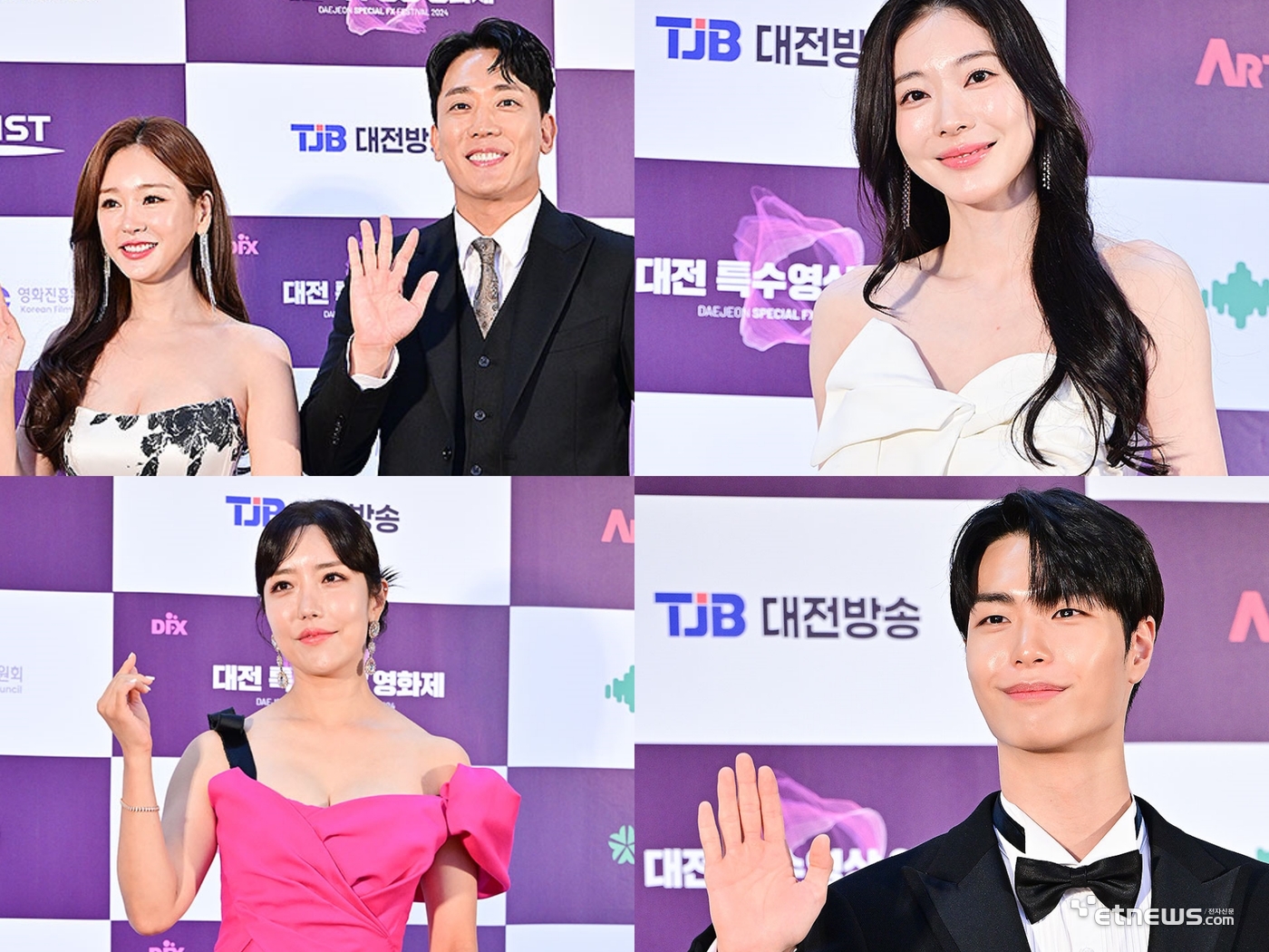 방송인 공서영과 김환, 배우 최유솔, 고현주, 김선빈이 21일 대전 카이스트에서 열린 제 6회 '대전 OTT 어워즈' 시상식 레드카펫에서 포즈를 취하고 있다.(사진=대전특수영상영화제 제공)