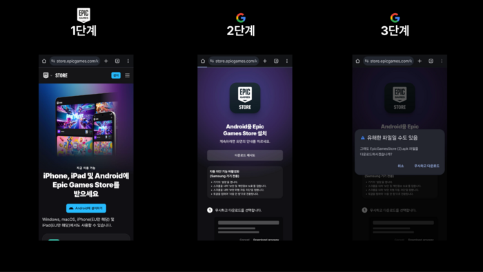 갤럭시 스마트폰에서 에픽게임즈 스토어 설치 프로세스 중 보안위험 자동차단 기능으로 경고문이 뜨는 모습.