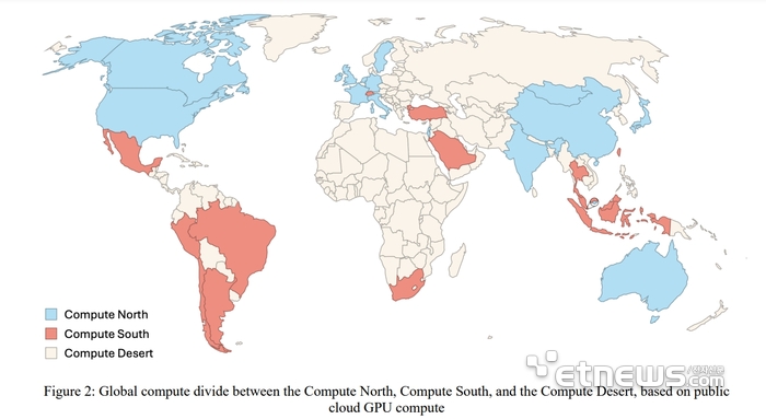 퍼블릭 클라우드 사업자의 GPU 클러스터 글로벌 분포 현황. 출처:Center for Open Science, Compute North vs. Compute South: The Uneven Possibilities of Compute-based AI Governance Around the Globe.