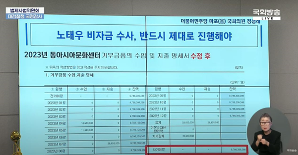 21일 국정감사 생중계. 국회방송 캡쳐