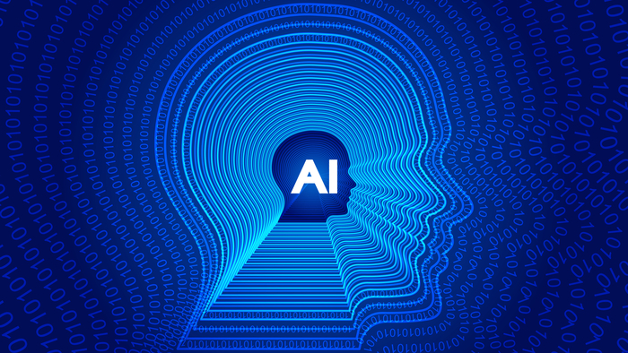 AI artificial intelligence, 01 figures constitute the human head contour. Science and technology and engineering concepts.