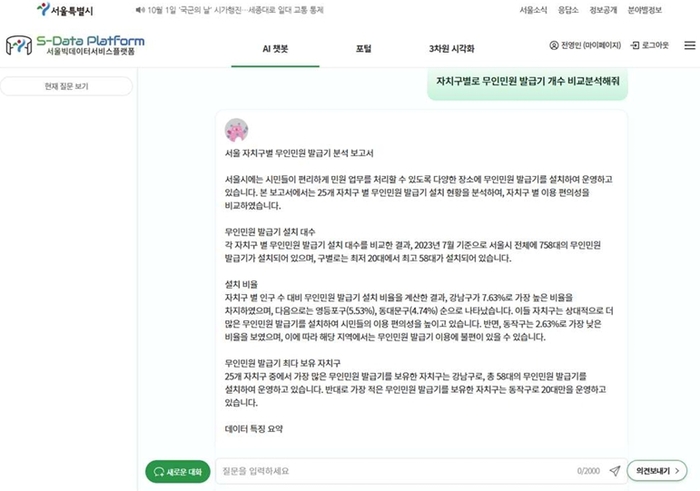 서울데이터허브 AI챗봇 답변 예시