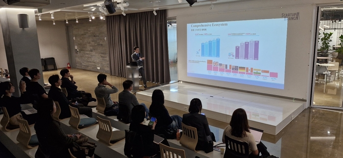 빌리 리 홍콩무역발전국 한국지부장이 5일 서울 강남구 코엑스 스타트업브랜치에서 열린 현지진출 세미나에서 홍콩 스타트업 생태계를 소개하고 있다.(사진=벤처기업협회)