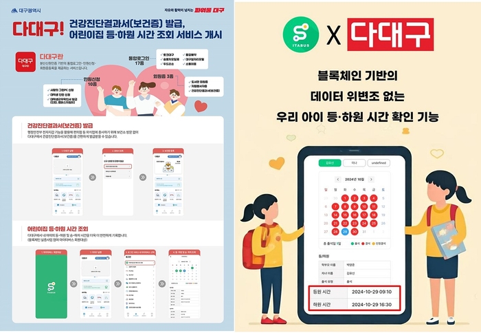 '다대구' 신규서비스 건강진단결과서 전자증명서 발급(왼쪽)과 어린이집 등·하원 시간 조회 서비스 이미지