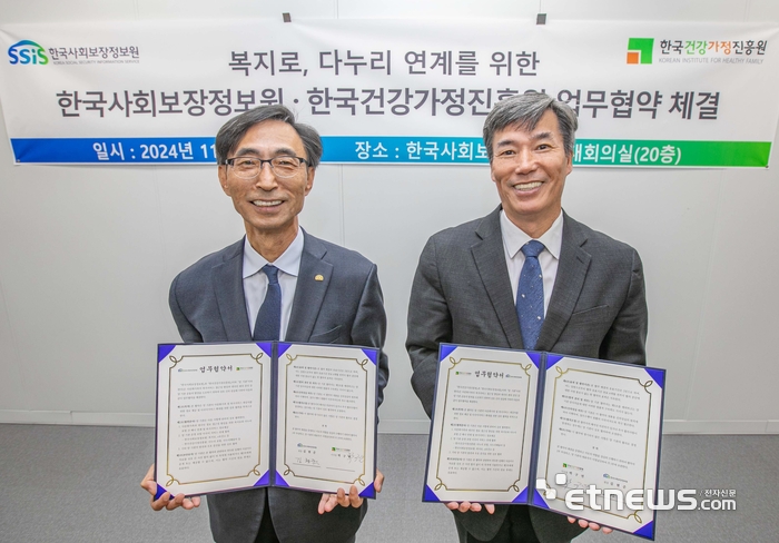 김현준 한국사회보장정보원장(왼쪽)과 박구연 한국건강가정진흥원 이사장이 복지로, 다누리 연계를 위한 협약식 후 기념 촬영을 하고 있다.