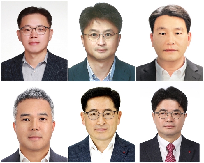 시계방향으로 김동춘 부사장, 장기룡 부사장, 김호근 전무, 김노마 전무, 박기순 전무, 이지웅 전무. LG화학