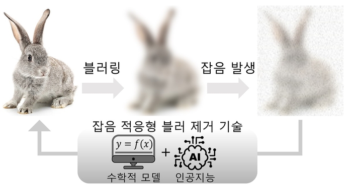 영상 블러링 및 잡음에 의한 손상 과정과 연구진이 제안한 잡음 적응형 블러 제거 기술이 적용되는 과정