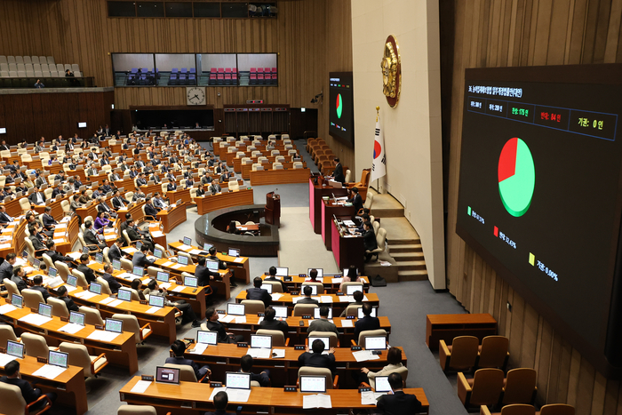 지난달 28일 오후 국회 본회의에서 농어업재해보험법 일부개정법률안이 통과되고 있다.