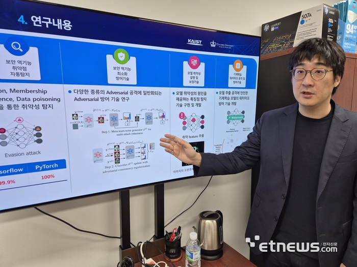 손수엘 한국과학기술원(KAIST) 정보보호대학원 교수가 기계학습 모델 보안 취약점을 찾아내는 개발 기술에 대해 설명하고 있다.