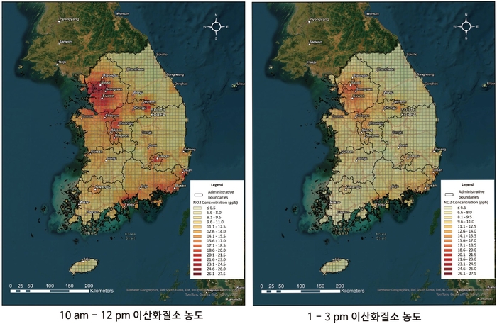 GEMS 위성을 활용해 수집한 시간대별 국내 이산화질소 농도 이미지