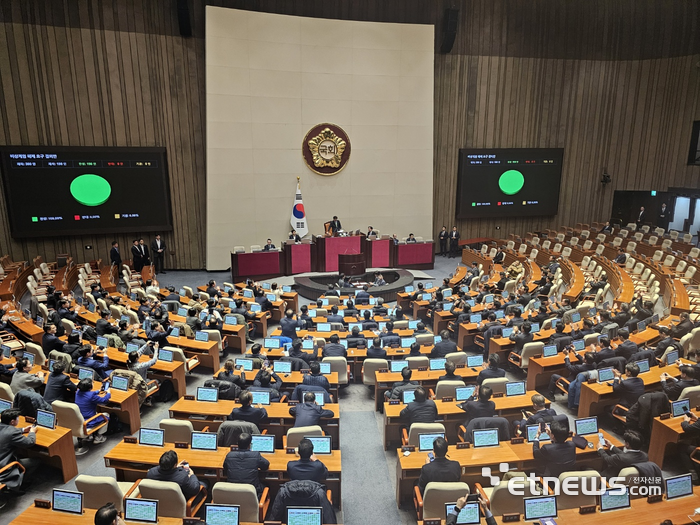 윤석열 대통령이 3일 비상계엄령을 선포한 가운데 4일 새벽 서울 여의도 국회 본회의장에서 비상계엄 해제 요구 결의안 표결이 이뤄지고 있다. 안건은 재석의원 190명 전원 찬성으로 가결됐다. 사진=최기창 기자