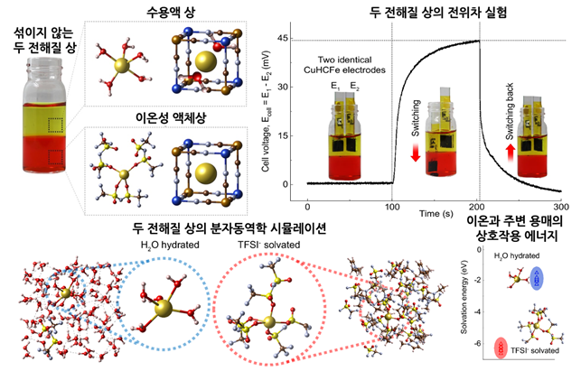 KAIST와 NTU 연구진은 섞이지 않는 두 전해질에서 전기 에너지를 생성하고 그 원리를 규명했다.