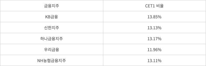금융지주 - 2024년 9월 말 5대 금융지주 CET1 비율(잠정) 출처:금융감독원