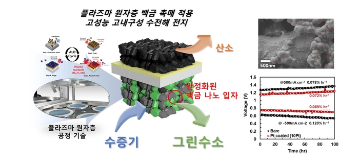 플라즈마 원자층 공정으로 제작된 소켓형 백금 원자 촉매 적용 통한 고성능 고내구성 수전해 전지와 그린수소 생산 이미지