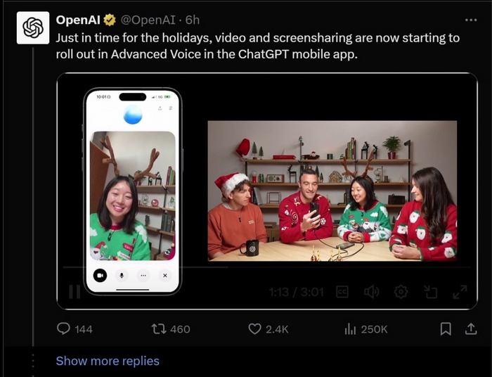 오픈AI는 챗GPT 모바일 애플리케이션(앱)의 어드밴스드 보이스에 추가한 비디오 및 화면 공유 기능을 시연하고 있다. [사진=오픈AI X(옛 트위터) 게시물 캡처]