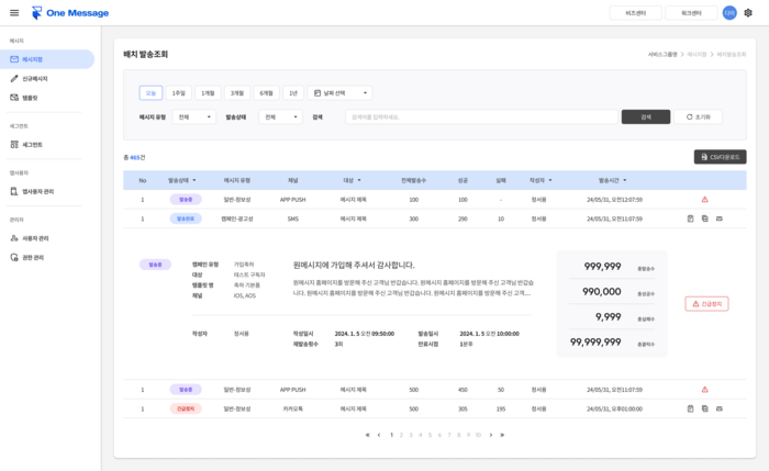 에이치투오시스템테크놀로지 '원 메시지(One Message·가칭)'의 배치발송 조회 화면