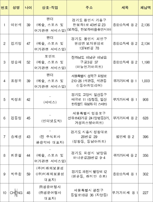 개인 체납자 상위 10명 명단.[국세청 제공]