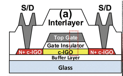 채널 길이 1㎛인 고이동성 다결정 IGO TFT 구조. 〈자료 장진 경희대 교수 연구팀〉