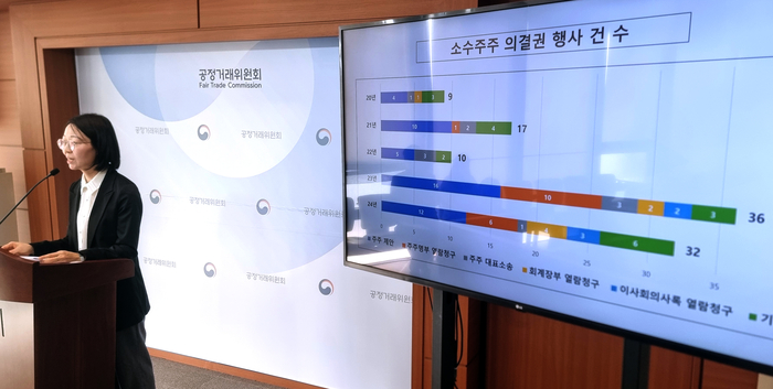 정보름 정거래위원회 기업집단관리과장이 19일 정부세종청사 공정위 기자실에서 2024년 공시대상기업집단 소속 계열회사의 총수 일가 이사 등재, 이사회 구성 및 운영 등 지배구조 현황정보를 공개하고 있다. 연합뉴스.