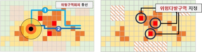 우리웍스가 위험도 데이터베이스를 기반으로 제작한 위험도 지도 활용 예시.