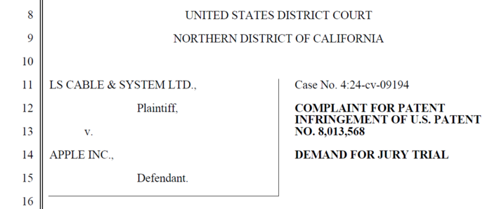 LS전선이 애플을 상대로 지난 18일 미국 캘리포니아북부법원에 특허소송을 제기했다. 〈자료 미국 캘리포니아북부법원〉