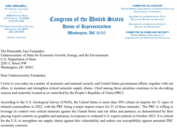 에릭 스왈웰 미 하원 의원이 국무부 호세 페르난데스 차관에게 보낸 서한.