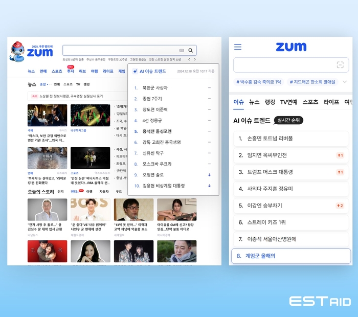 이스트에이드가 포털 줌(ZUM)에서 인공지능(AI) 기반 실시간 사회·경제 동향을 파악하도록 하는 'AI 이슈 트렌드'를 출시했다. [사진=이스트에이드 제공]